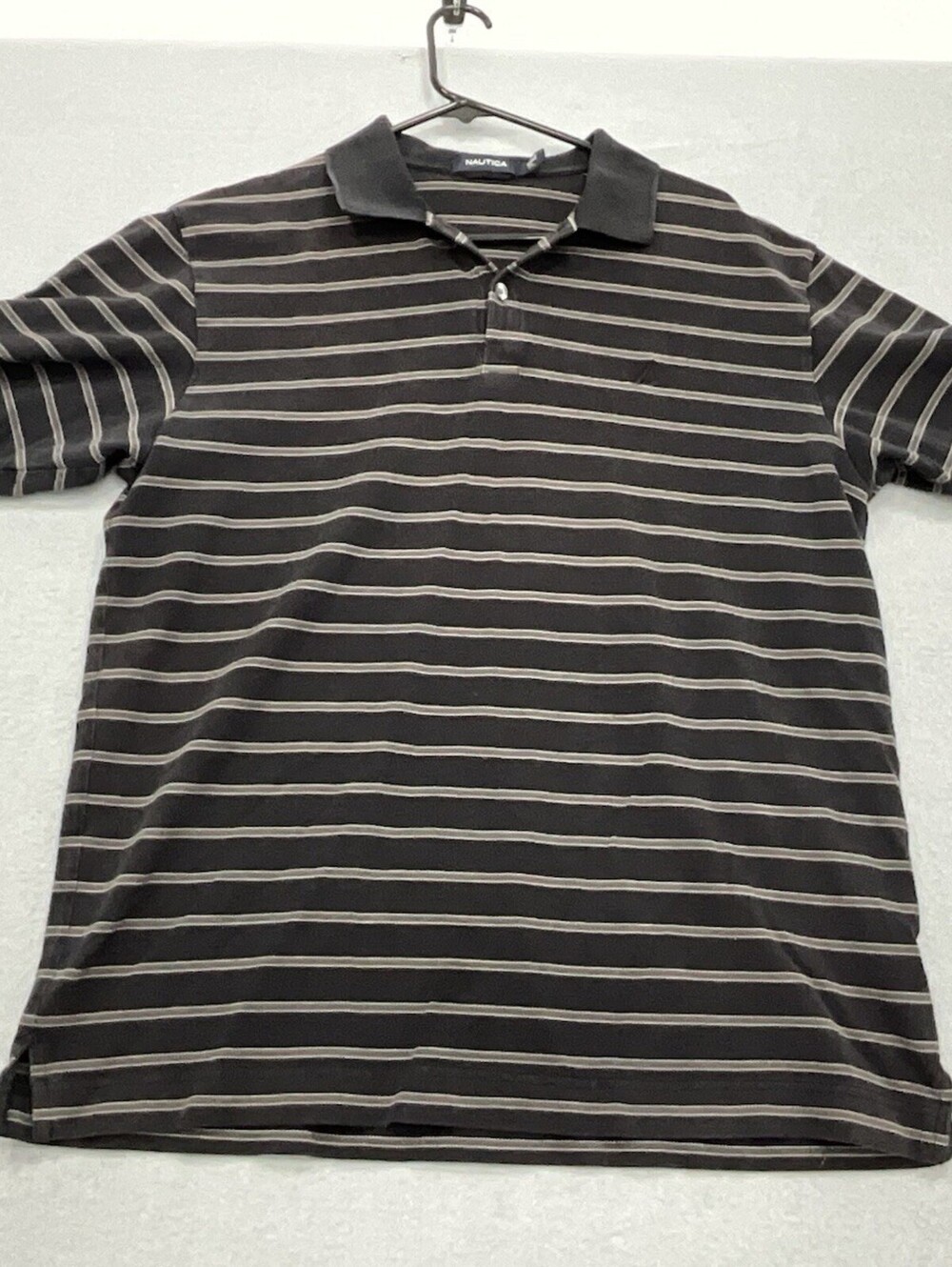 Nautica Polo Shirt Mens XL Black Gray Striped Short Sleeve Cotton Classic Fit
